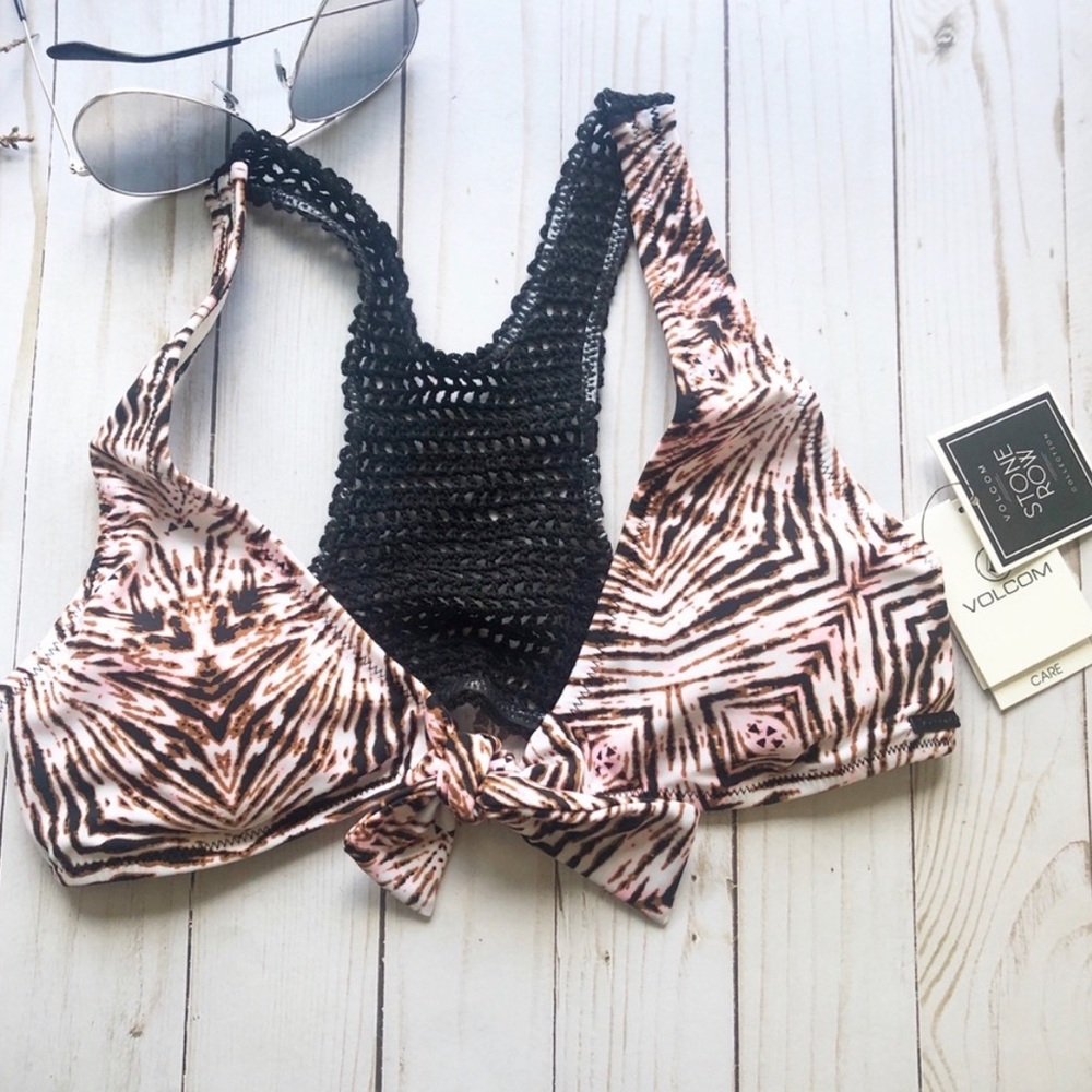 NWT Volcom Boho Swim Top Bikini animal print small Boho Front Ties Crochet